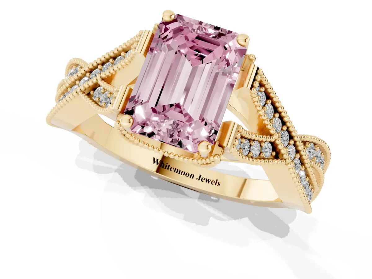 Fancy Pink Emerald Cut Cut Diamond Twisted Band with Milgrain Pave Setting and Four-Prong Setting Yellow gold