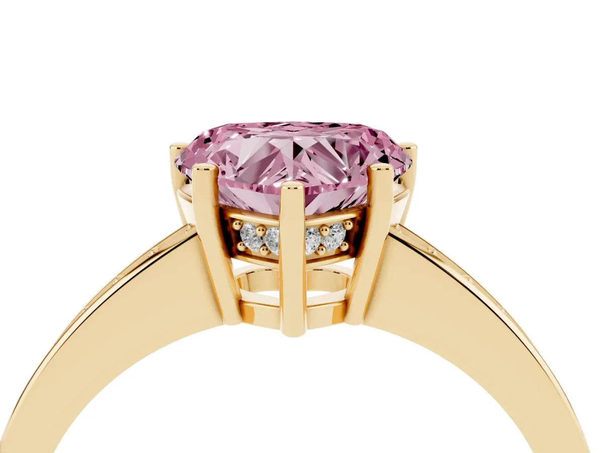 Fancy Pink Heart Cut Solitaire Pavé Band Prong Setting Ring Yellow gold
