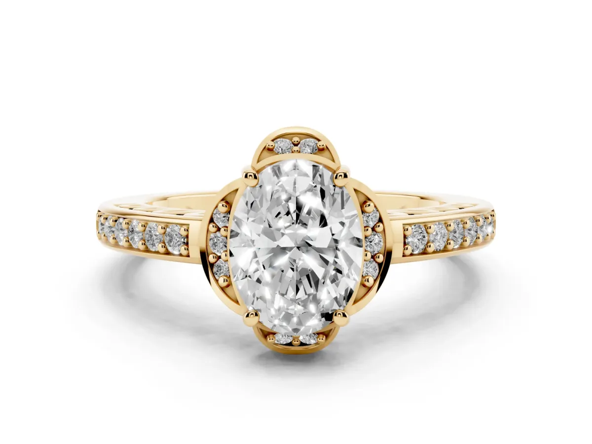 Oval Cut Cut Halo Diamond Ring with Channel Set Band and Four-Prong Setting Yellow gold