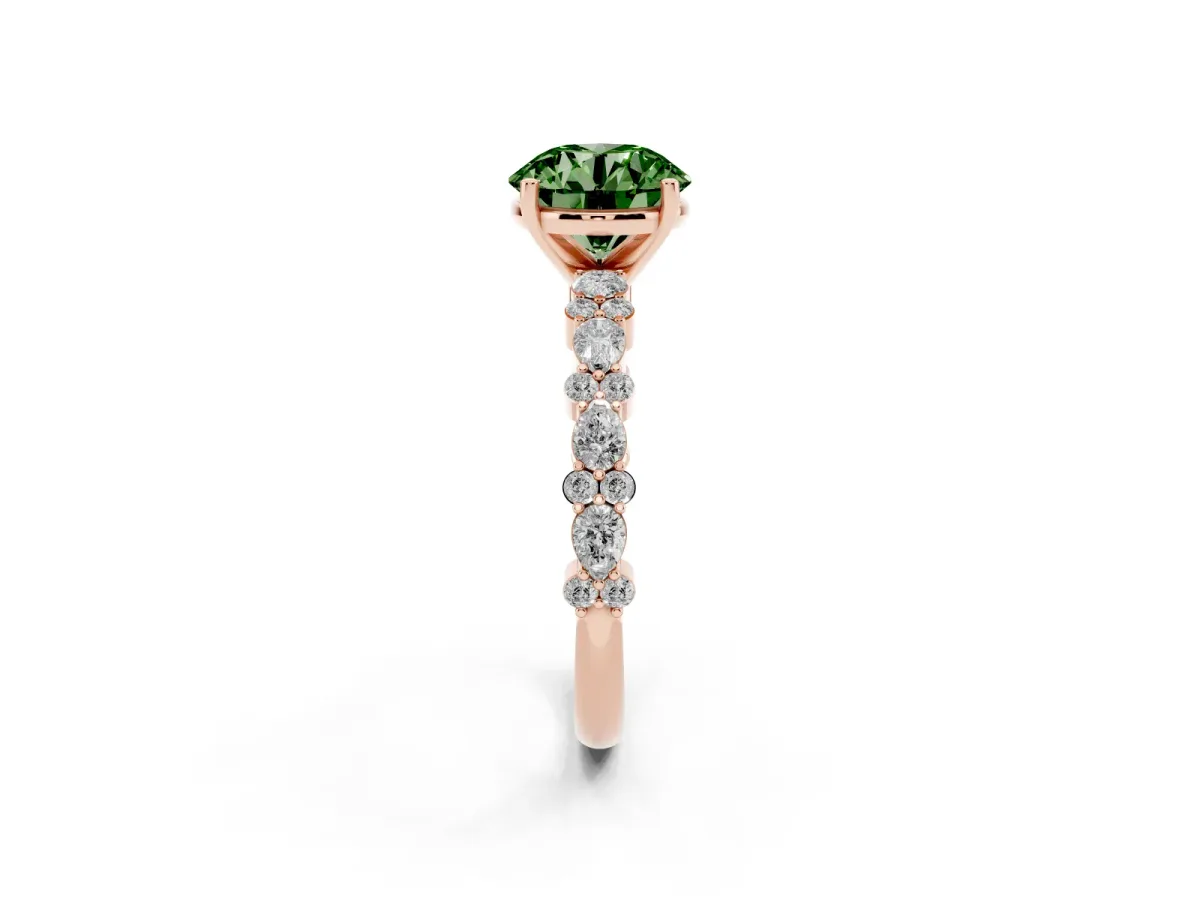 Fancy Green Round Cut Diamond Side Stone Solitaire Ring with Round and Four-Prong Setting Rose gold