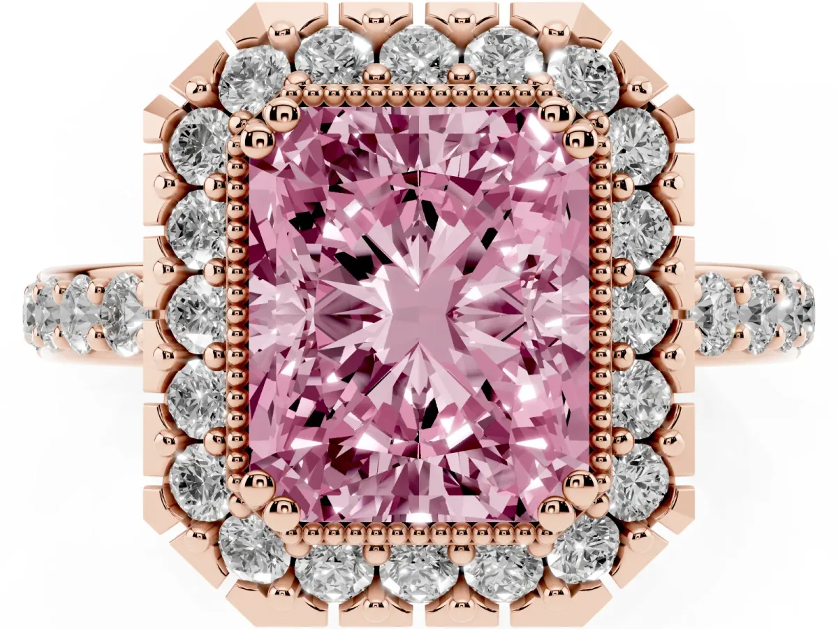 Fancy Pink Radiant Cut Diamond Halo Ring with Pavé Band and Prong Setting Rose gold