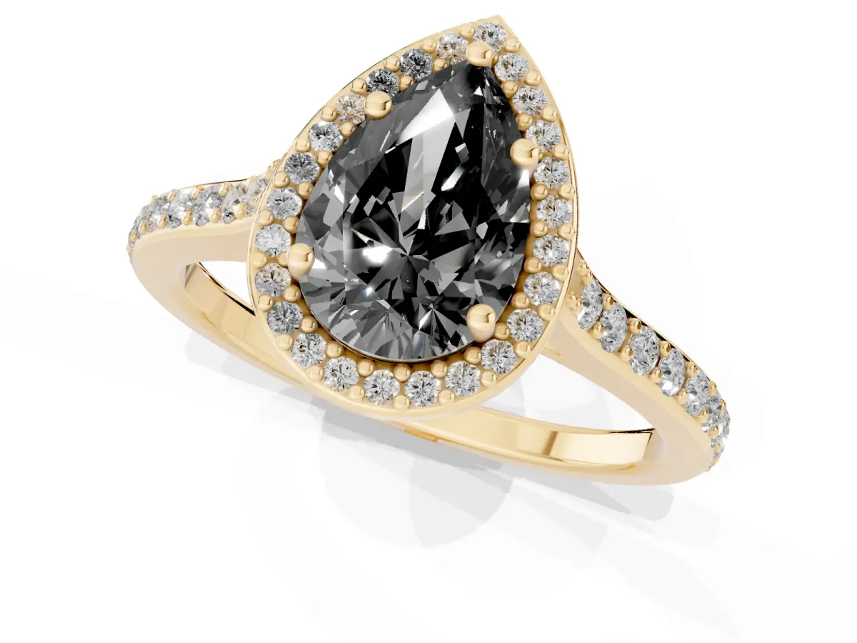 Fancy Black Pear Cut Diamond Halo Engagement Ring with Round Pavé Shoulders and Prong Setting Yellow gold