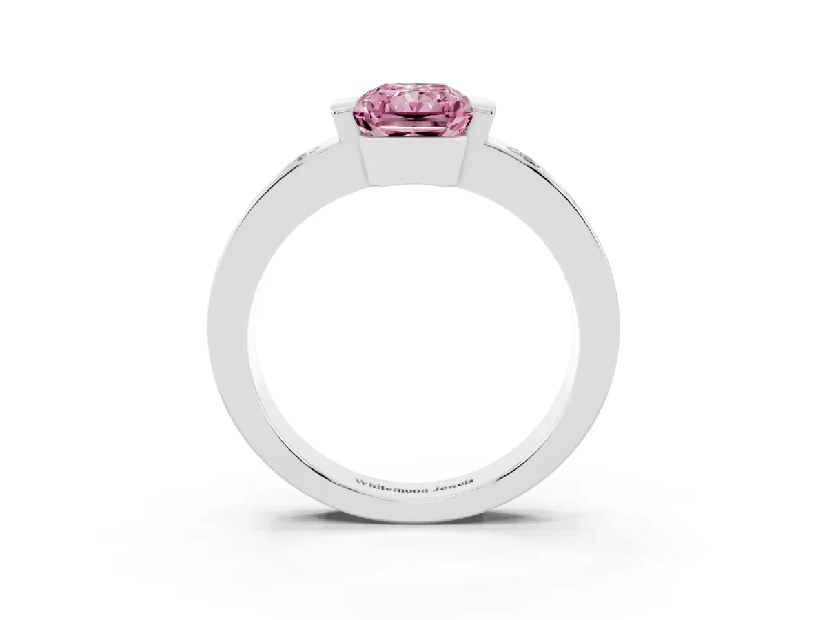 Fancy Pink Radiant Cut Brilliant Channel-Set Diamond Ring with Bezel Prong Setting Silver