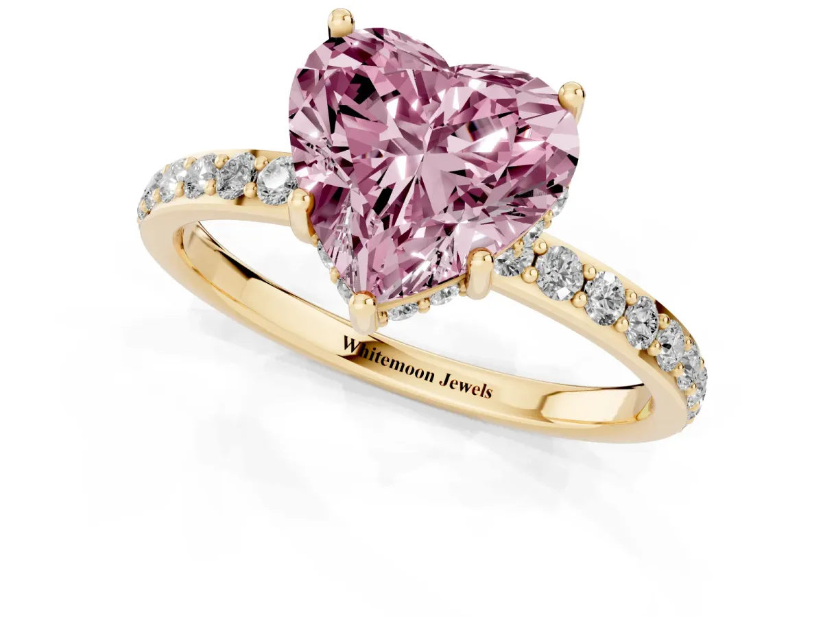Fancy Pink Heart Cut Diamond Solitaire Ring with Pavé Band and Hidden Halo Yellow gold