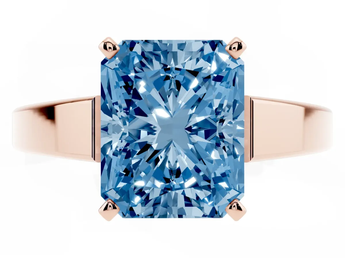 Fancy Blue Radiant Cut Solitaire Engagement Ring with Four-Prong Setting and Tapered Band Rose gold