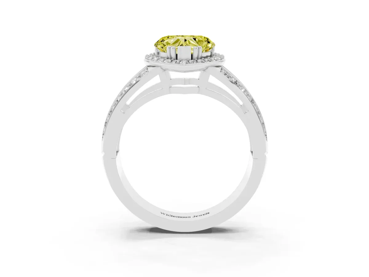 Fancy Yellow Heart Cut Diamond Halo Ring with Split Shank Pavé Band and Four-Prong Setting Platinum
