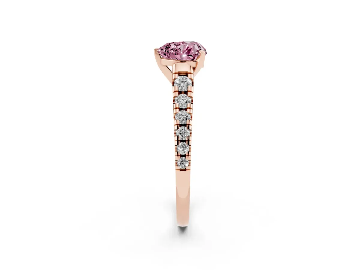 Fancy Pink Heart Cut Diamond Cathedral Solitaire Ring with Round Pavé Band Rose gold