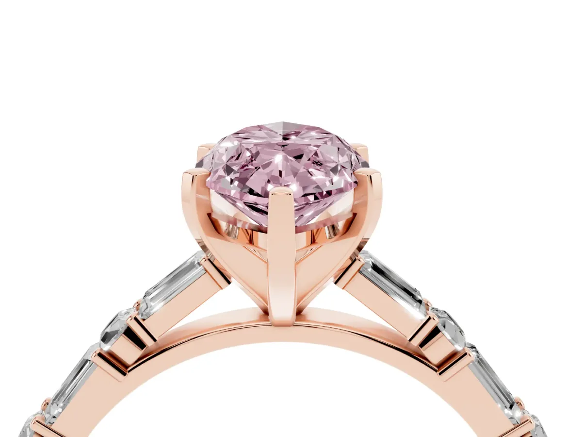 Fancy Pink Marquise Cut Diamond Solitaire with Side Baguettes and Channel Set Band Rose gold