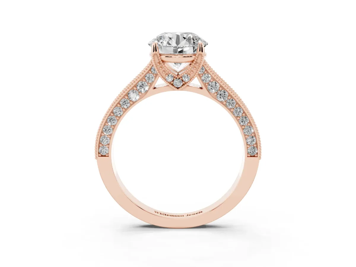 Round Cut Cut Diamond Solitaire Ring with Milgrain Pave Band and Four Prong Setting Rose gold