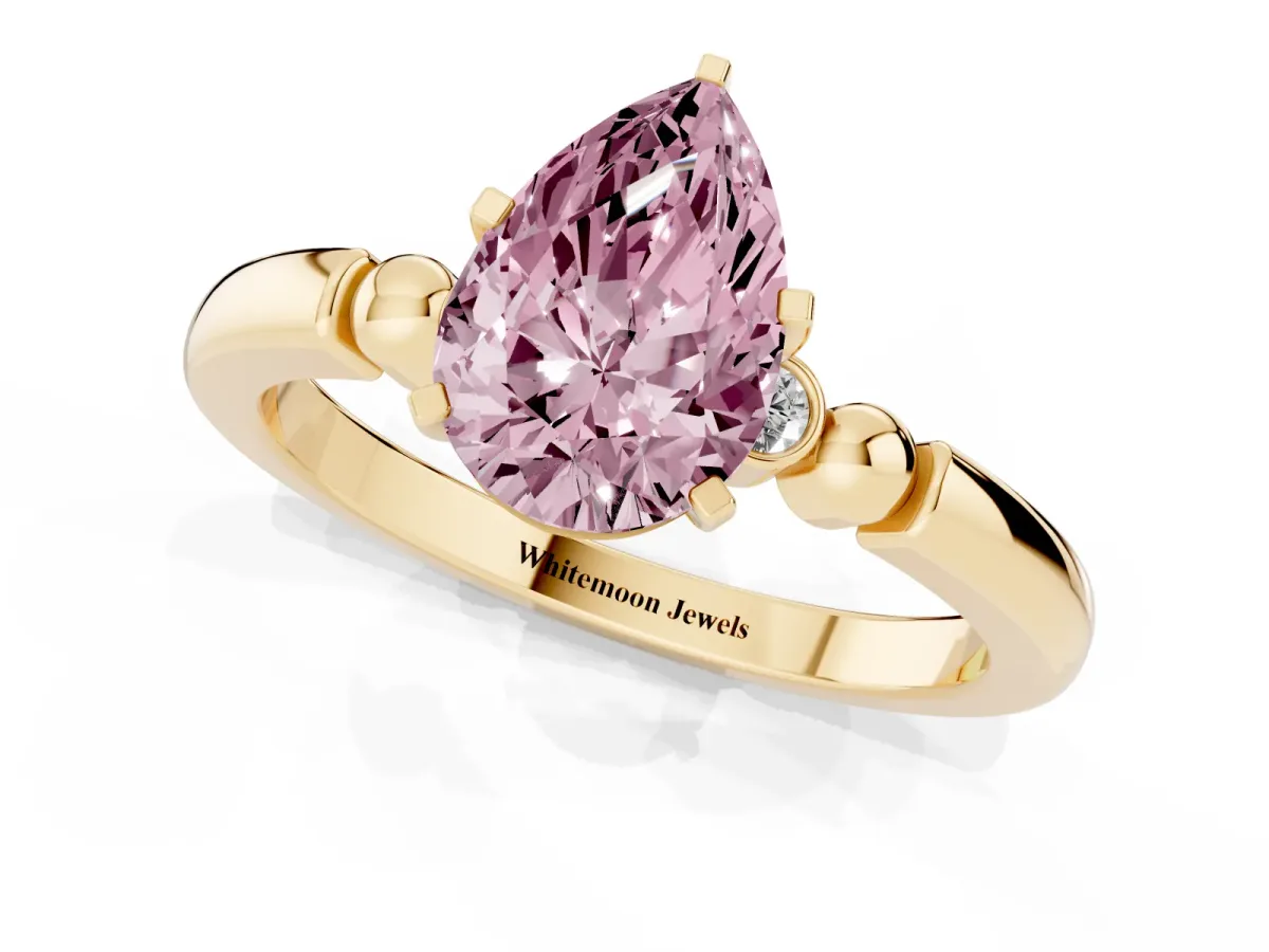 Fancy Pink Pear Cut Solitaire Beaded Band with Four-Prong Setting Yellow gold