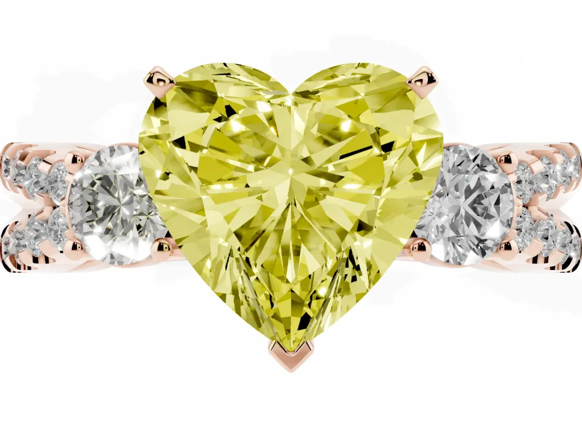 Fancy Yellow Heart Cut Diamond Three-Stone Ring with Pavé Split Shank and Four-Prong Setting Rose gold