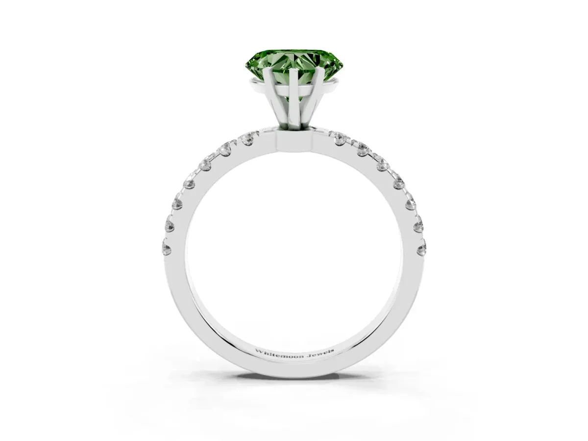 Fancy Green Heart Cut Diamond Solitaire Ring with Pavé Accents and Four-Prong Setting Platinum