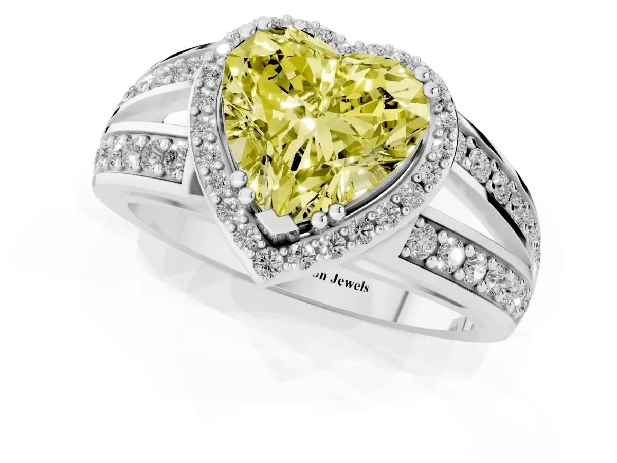 Fancy Yellow Heart Cut Diamond Halo Ring with Split Shank Pavé Band and Four-Prong Setting Platinum
