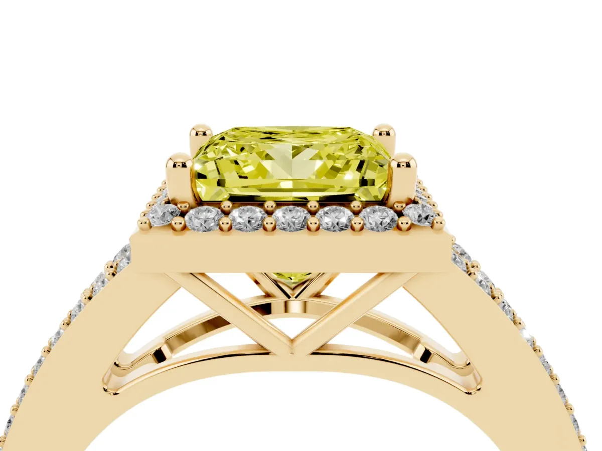 Fancy Yellow Princess Cut Halo Split Shank Pave Diamond Ring with Four-Prong Setting Yellow gold