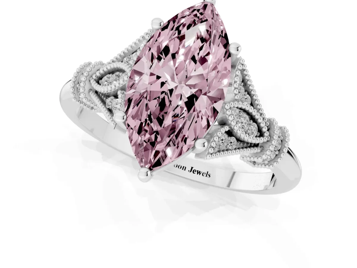 Fancy Pink Marquise Cut Diamond Solitaire Ring with Floral Filigree and Pave Accents Platinum