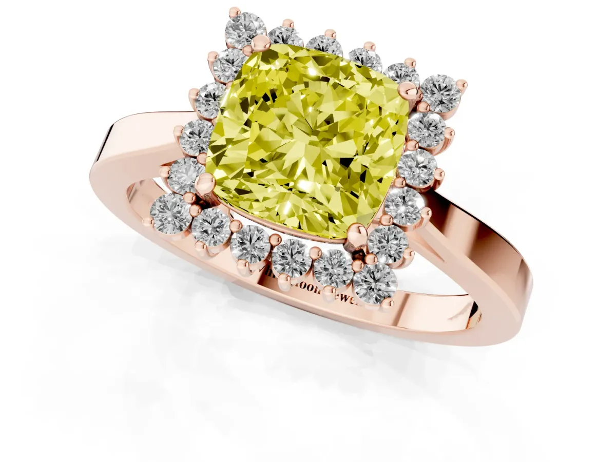 Fancy Yellow Cushion Cut Cut Diamond Halo Ring with Round Brilliant Halo and Solitaire Band Rose gold