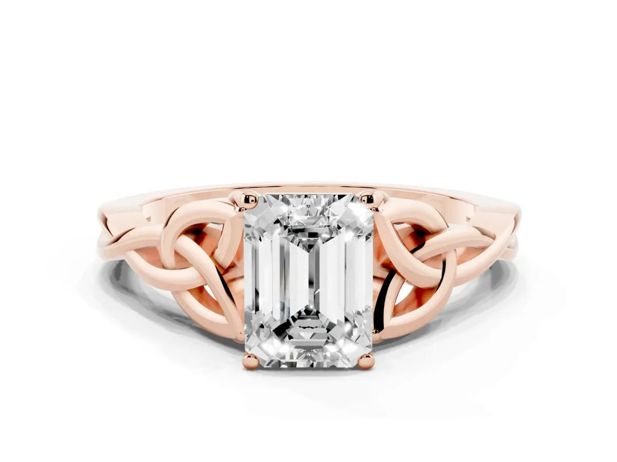 Emerald Cut Diamond Solitaire Engagement Ring with Celtic Knot Band and Four-Prong Setting Rose gold
