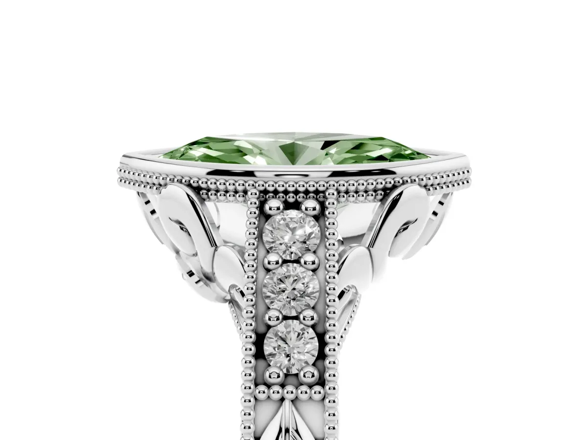 Fancy Green Bezel Set Marquise Cut Diamond Milgrain Pave Engagement Ring Silver