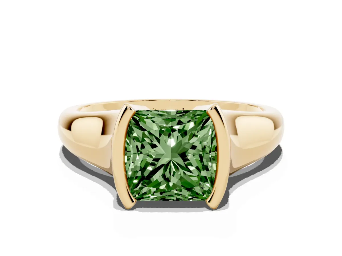 Fancy Green Princess Cut Solitaire Tension Set Diamond Ring with Split Shank Band Yellow gold