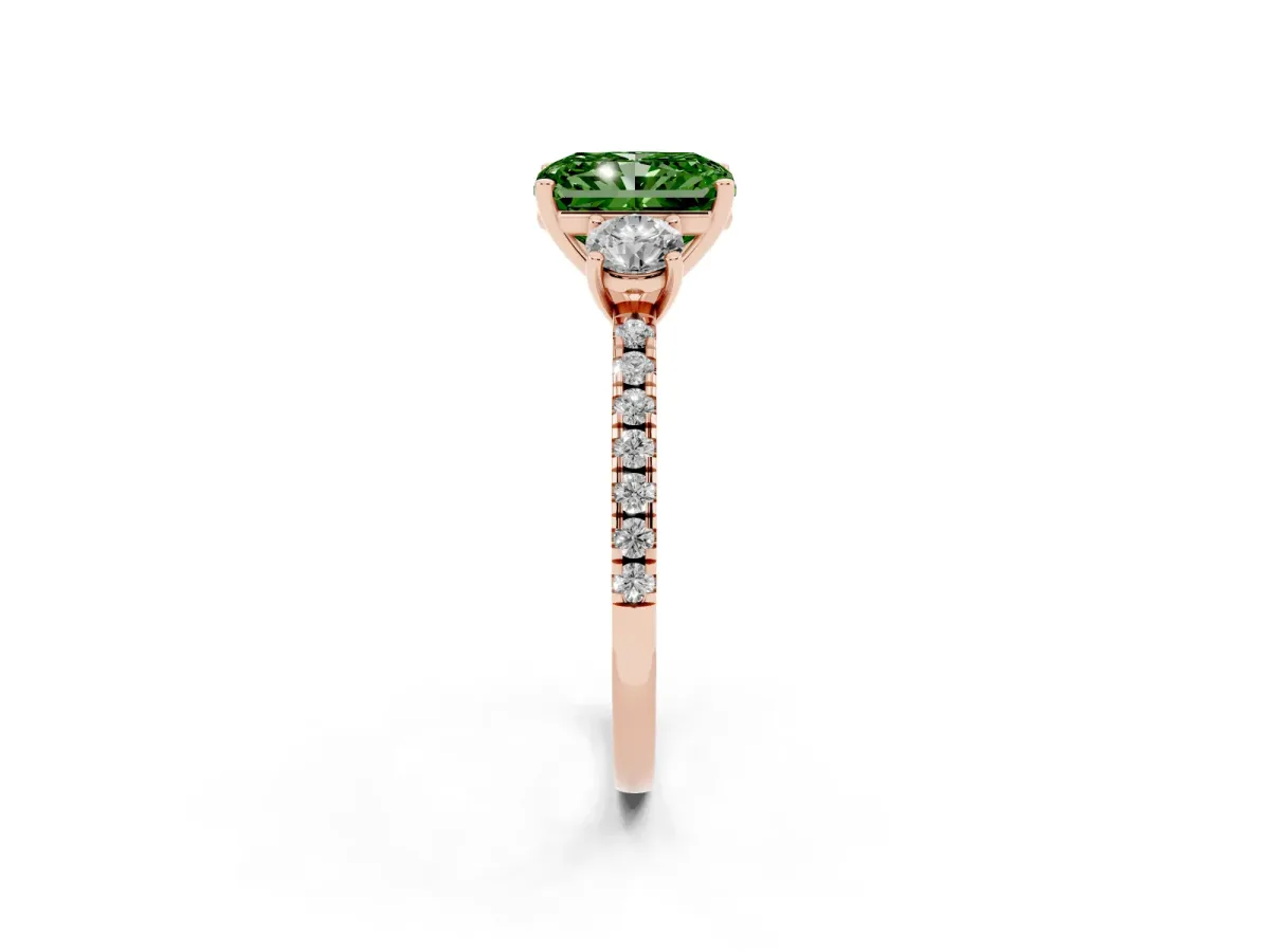 Fancy Green Three-Stone Radiant Cut Cut Diamond Pavé Band with Prong Setting Rose gold