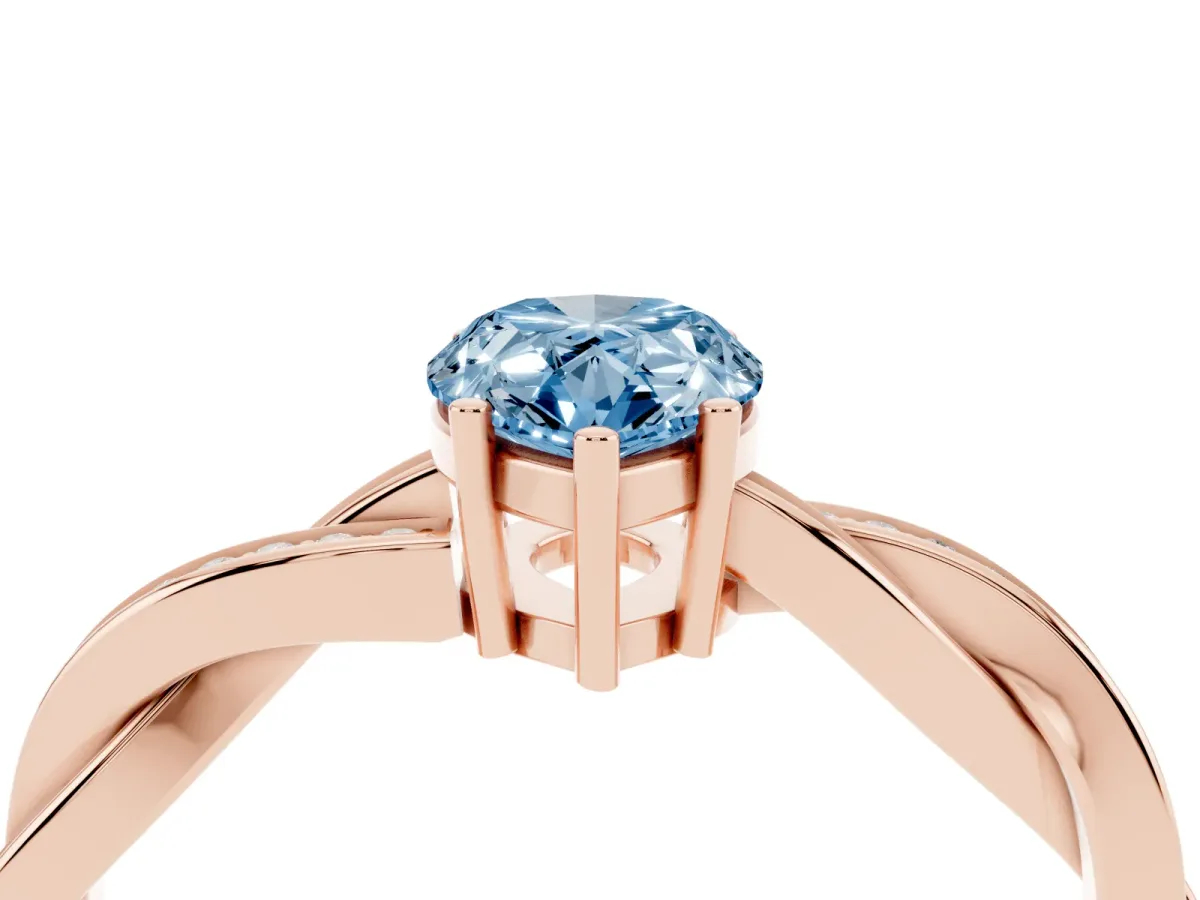 Fancy Blue Pear Cut Solitaire Twisted Pave Diamond Ring with Four-Prong Setting Rose gold