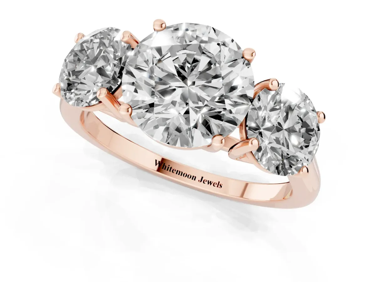 Three-Stone Round Cut Cut Solitaire Ring with Classic Band and Prong Setting Rose gold