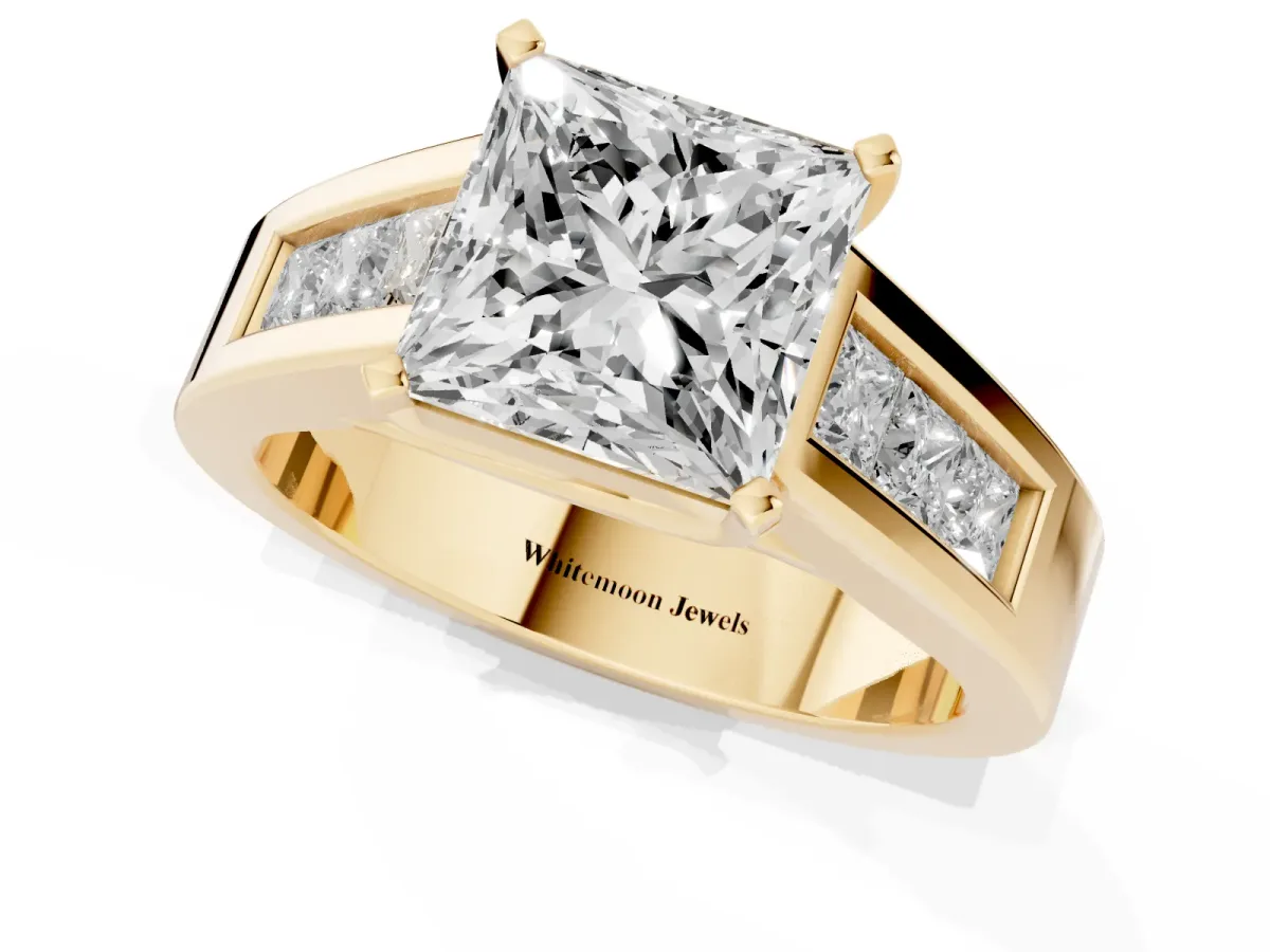 Princess Cut Cut Channel Set Solitaire Ring with Four-Prong Setting Yellow gold