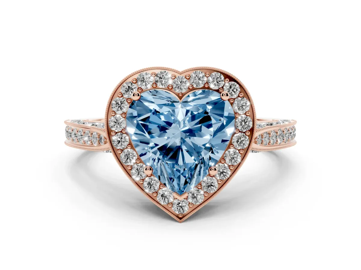 Fancy Blue Heart Cut Halo Diamond Engagement Ring with Split Shank Band and Four-Prong Setting Rose gold