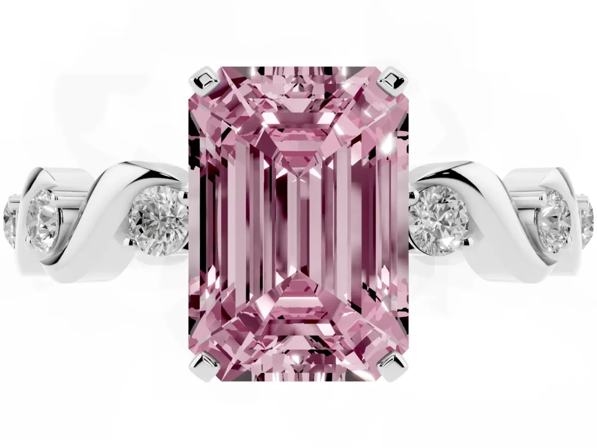 Fancy Pink Emerald Cut Diamond Solitaire Twisted Band with Round Accents and Prong Setting Silver