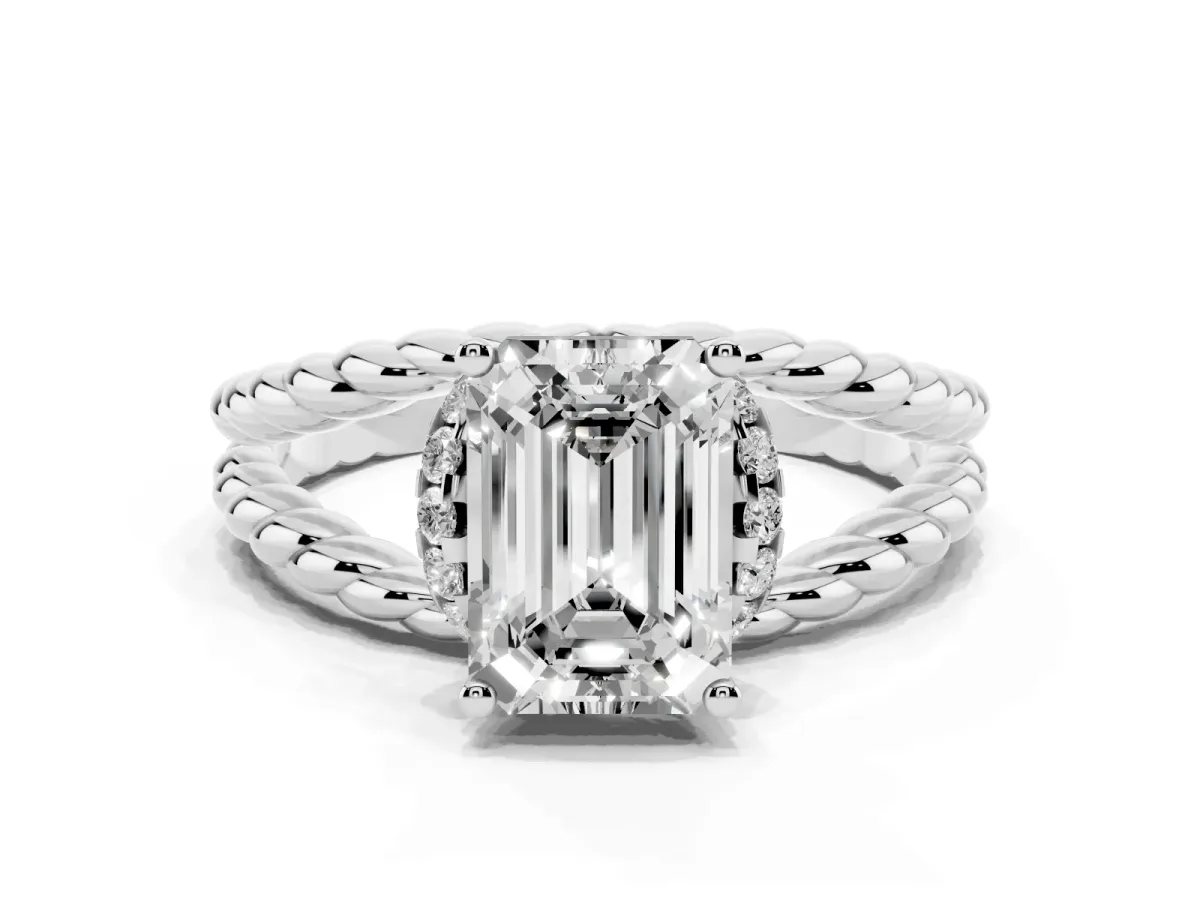 Emerald Cut Halo Twisted Band Four-Prong Ring Silver