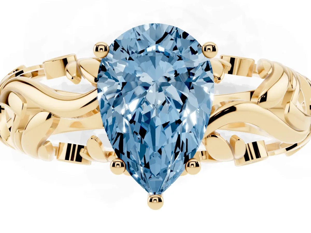 Fancy Blue Pear Cut Solitaire Diamond Leaf-Inspired Vine Band Ring with Prong Setting Yellow gold