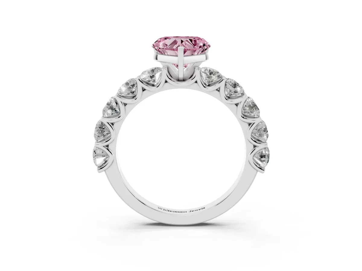 Fancy Pink Heart Cut Diamond Prong Setting with Side Stones on a Pave Band Silver