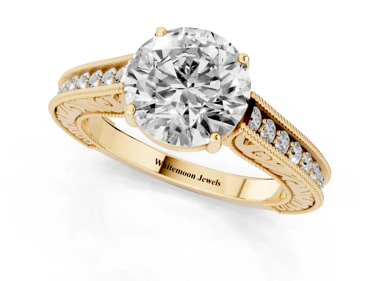 Round Cut Cut Pave Band Milgrain Solitaire Ring Yellow gold