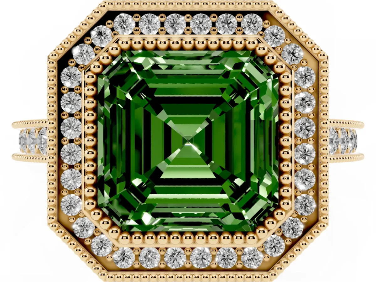 Fancy Green Halo Asscher Cut-Cut Diamond Pave Band Milgrain Prong Setting Ring Yellow gold
