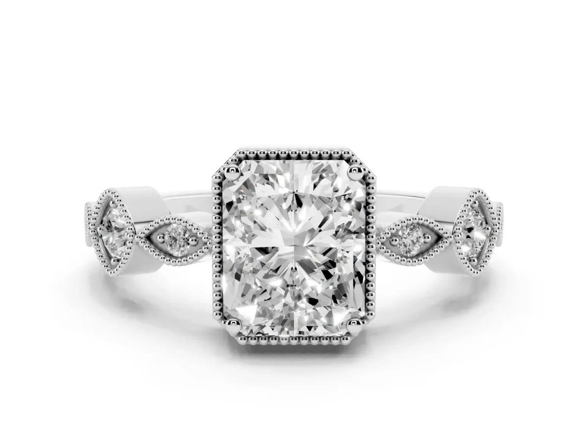 Radiant Cut Diamond Vintage Milgrain Ring with Round Stations Silver