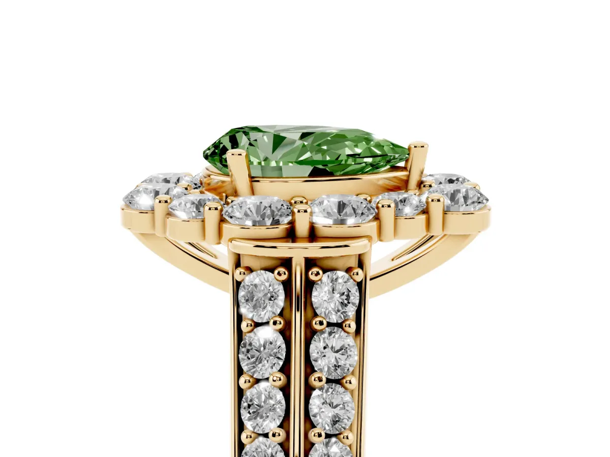 Fancy Green Pear Cut Halo Diamond Engagement Ring with Split Shank and Prong Setting Yellow gold