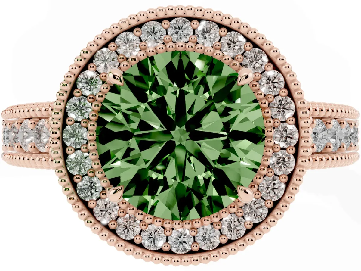 Fancy Green Round Cut Cut Halo Diamond Ring with Pavé Band and Four-Prong Setting Rose gold