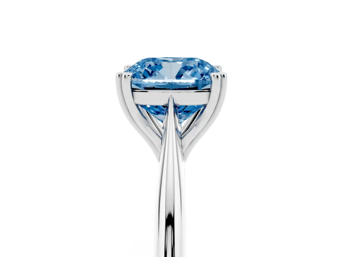 Fancy Blue Cushion Cut Solitaire Diamond Ring with Six-Prong Setting and Classic Band Silver