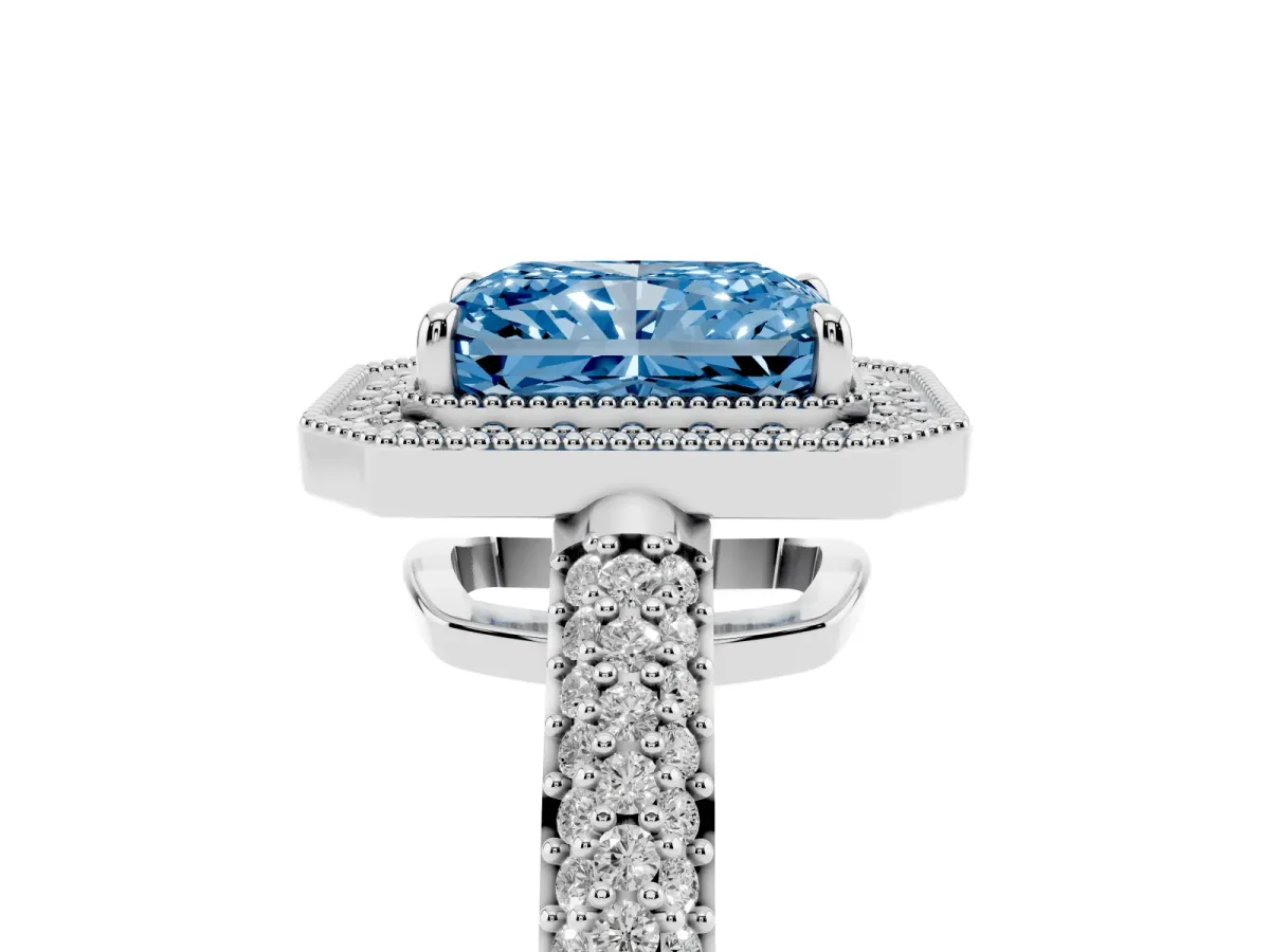 Fancy Blue Radiant Cut Cut Halo Diamond Pave Band with Four-Prong Setting Platinum