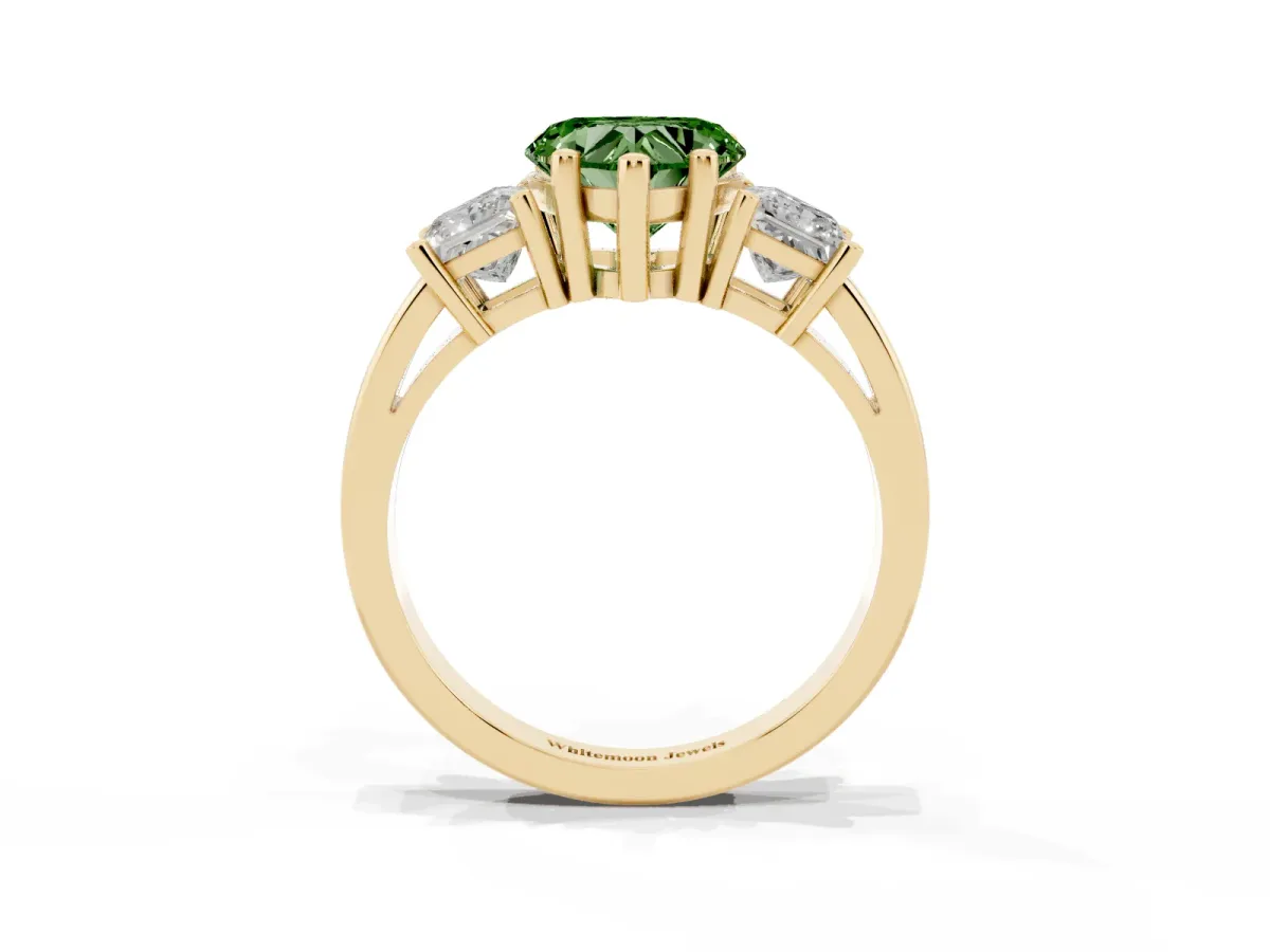 Fancy Green Three-Stone Heart Cut Cut Solitaire Ring with Prong Setting Yellow gold