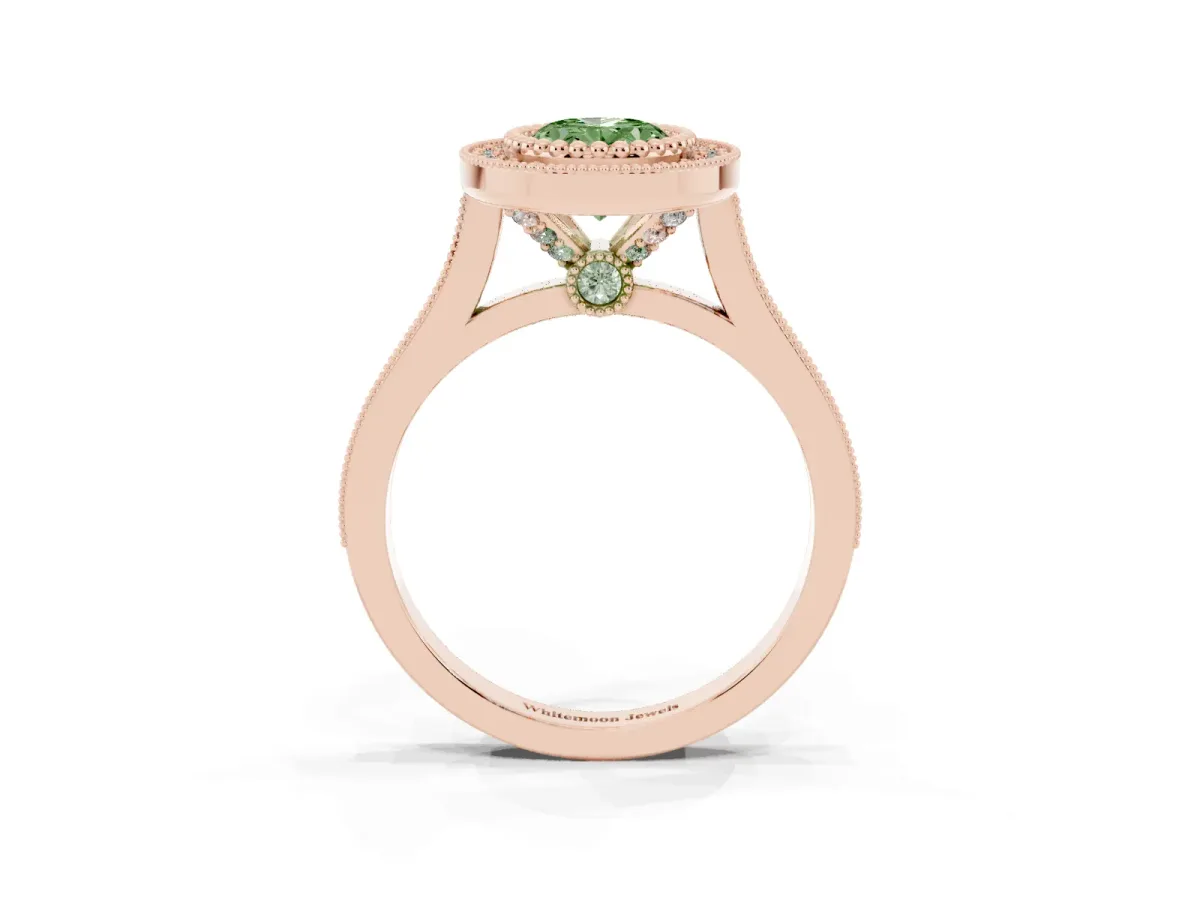 Fancy Green Oval Cut Diamond Halo Ring with Milgrain Frame and Pavé Band Rose gold
