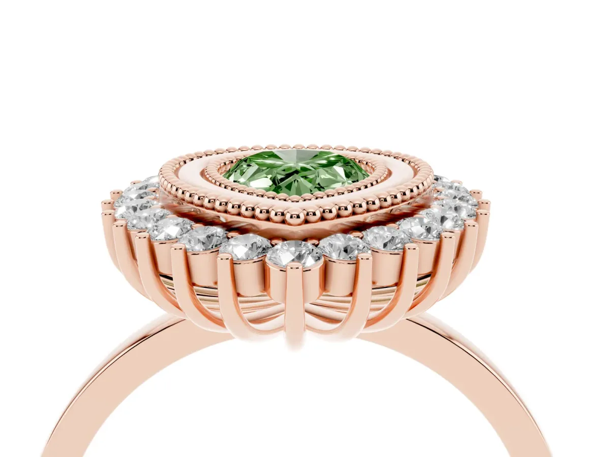 Fancy Green Pear Cut Halo Diamond Ring with Milgrain Edge and Round Prong Setting Rose gold