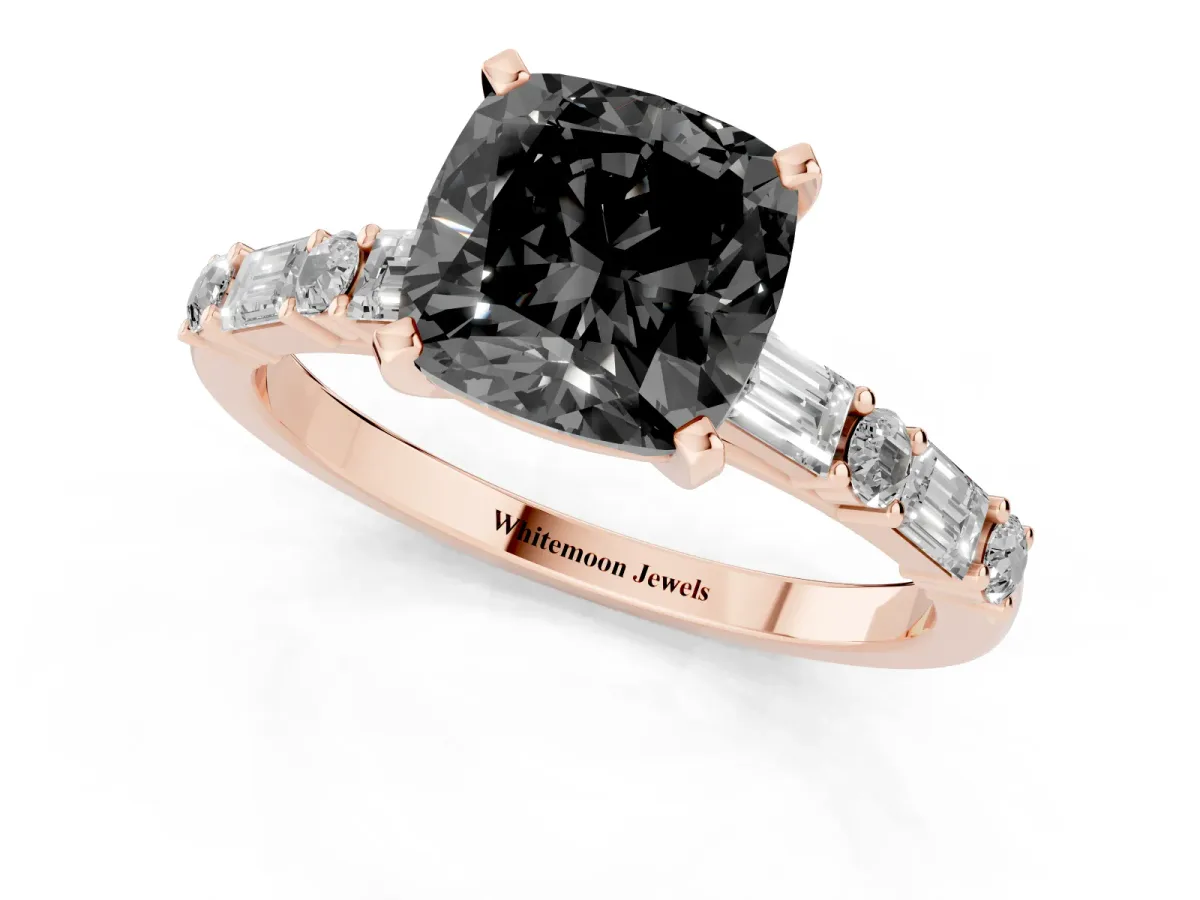 Fancy Black Cushion Cut Diamond Solitaire with Side Baguettes and Channel Set Band Rose gold