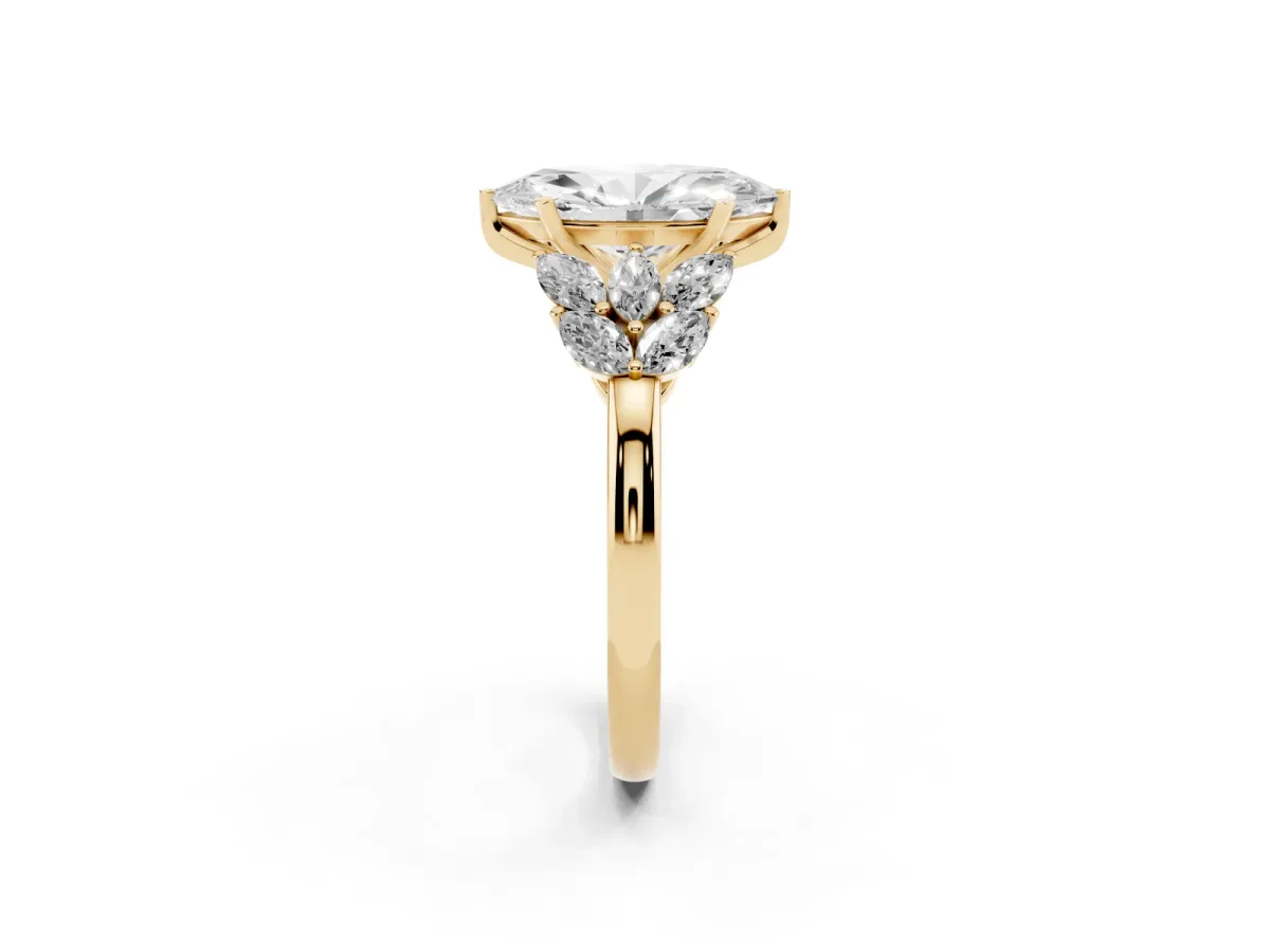 Marquise Cut Diamond Cluster Leaf Design Ring with Prong Setting Yellow gold