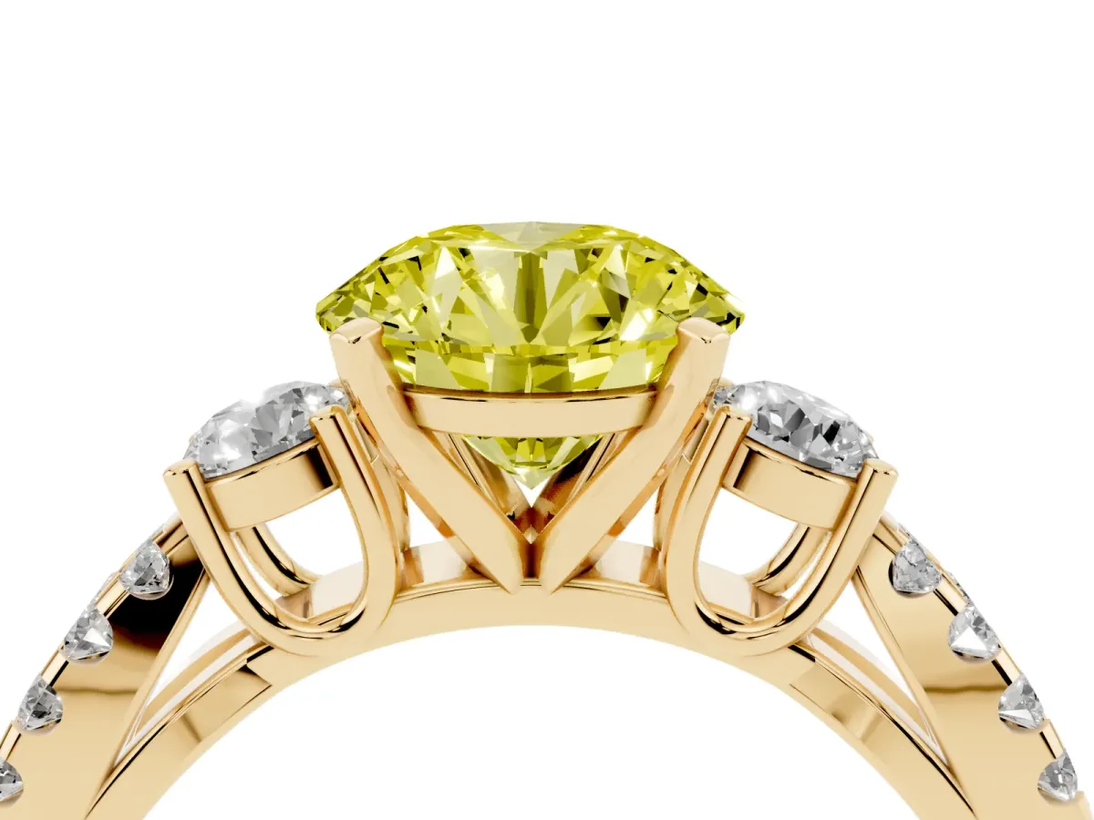 Fancy Yellow Round Cut Diamond Three-Stone Ring with Pavé Split Shank and Four-Prong Setting Yellow gold