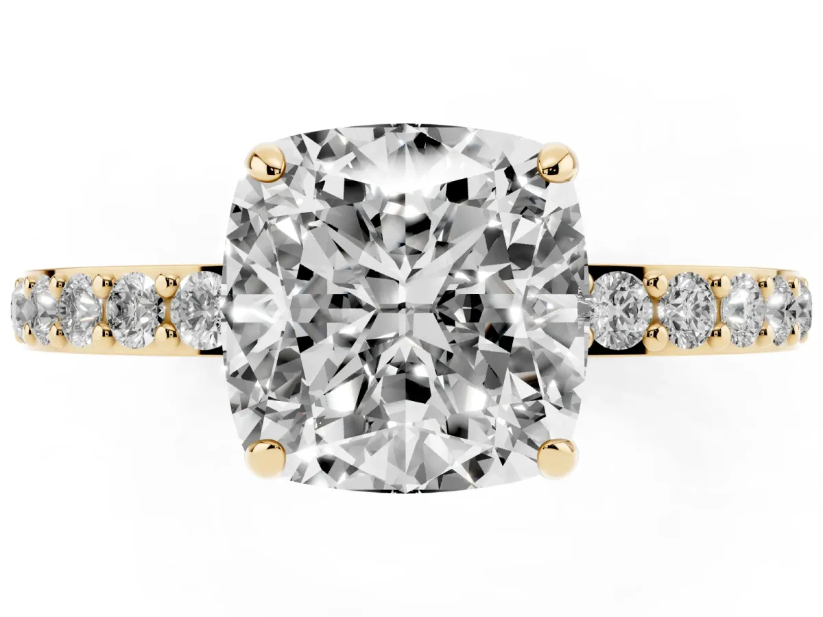 Cushion Cut Diamond Pavé Engagement Ring with Round Accents and Prong Setting Yellow gold