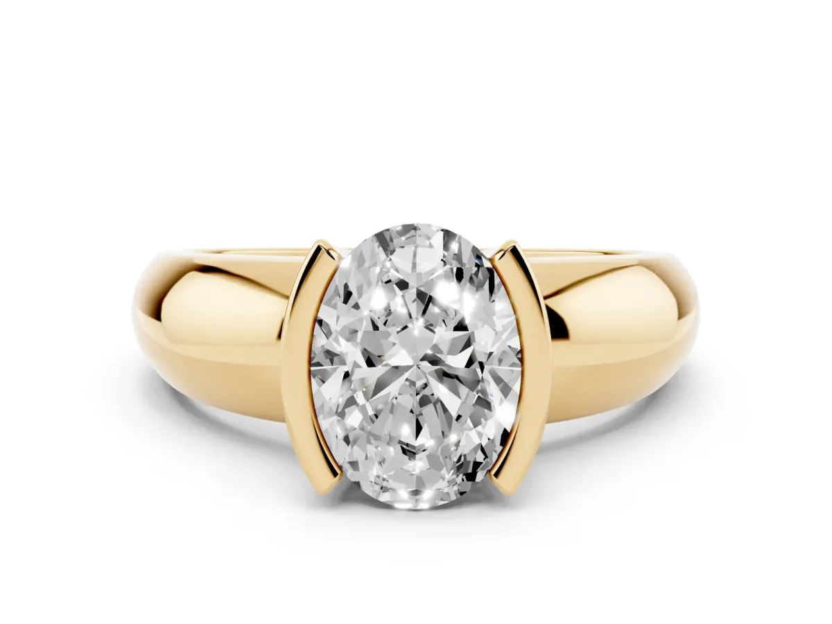 Oval Cut Solitaire Tension Set Diamond Ring with Wide Band Yellow gold
