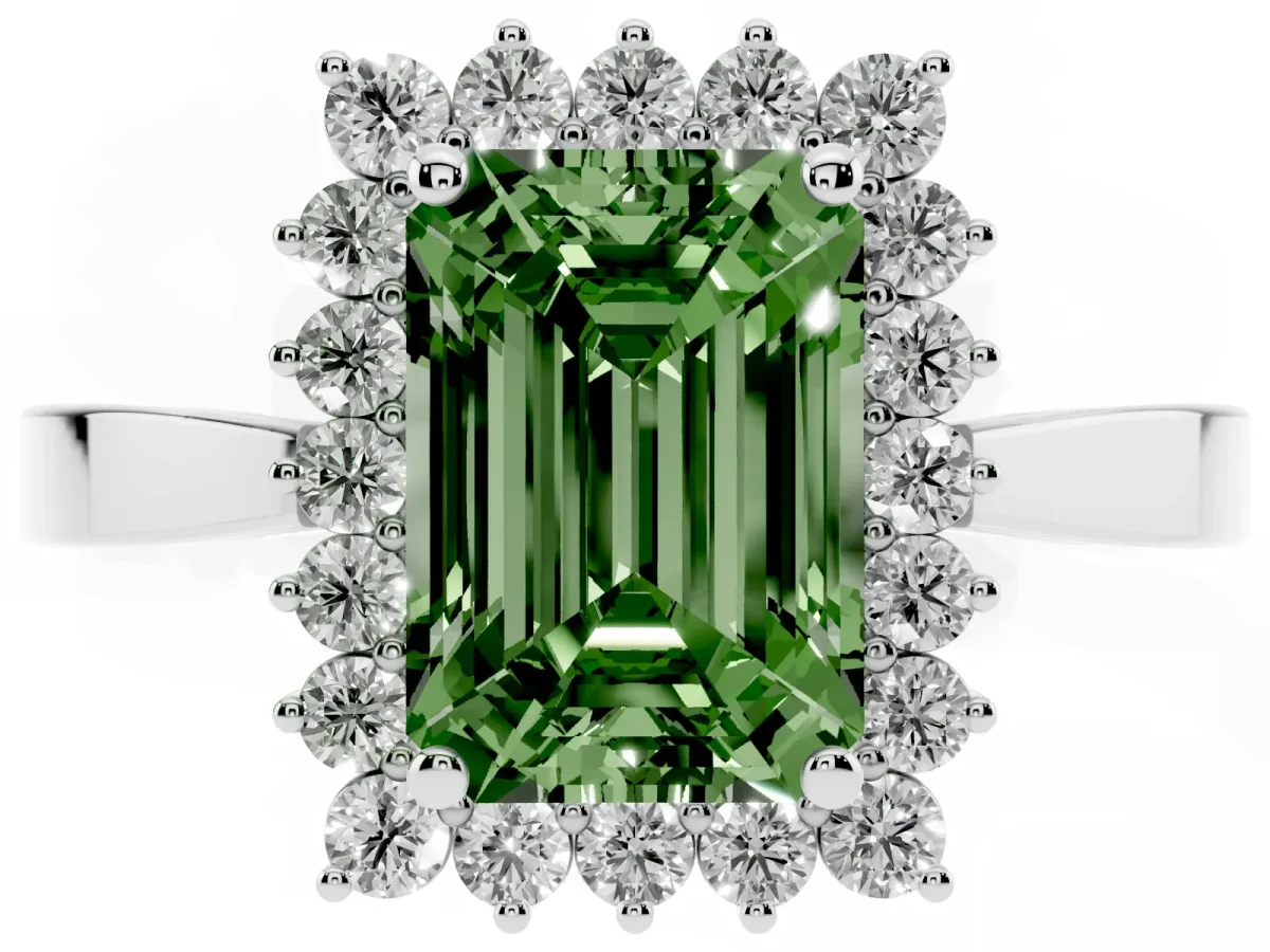 Fancy Green Emerald Cut Cut Diamond Halo Ring with Round Brilliant Halo and Solitaire Band White gold