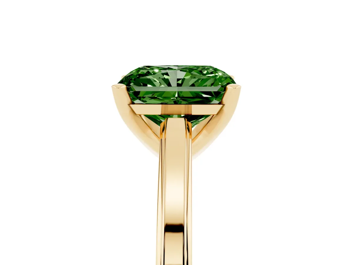 Fancy Green Radiant Cut Solitaire Diamond Ring with Four-Prong Setting and Classic Band Yellow gold