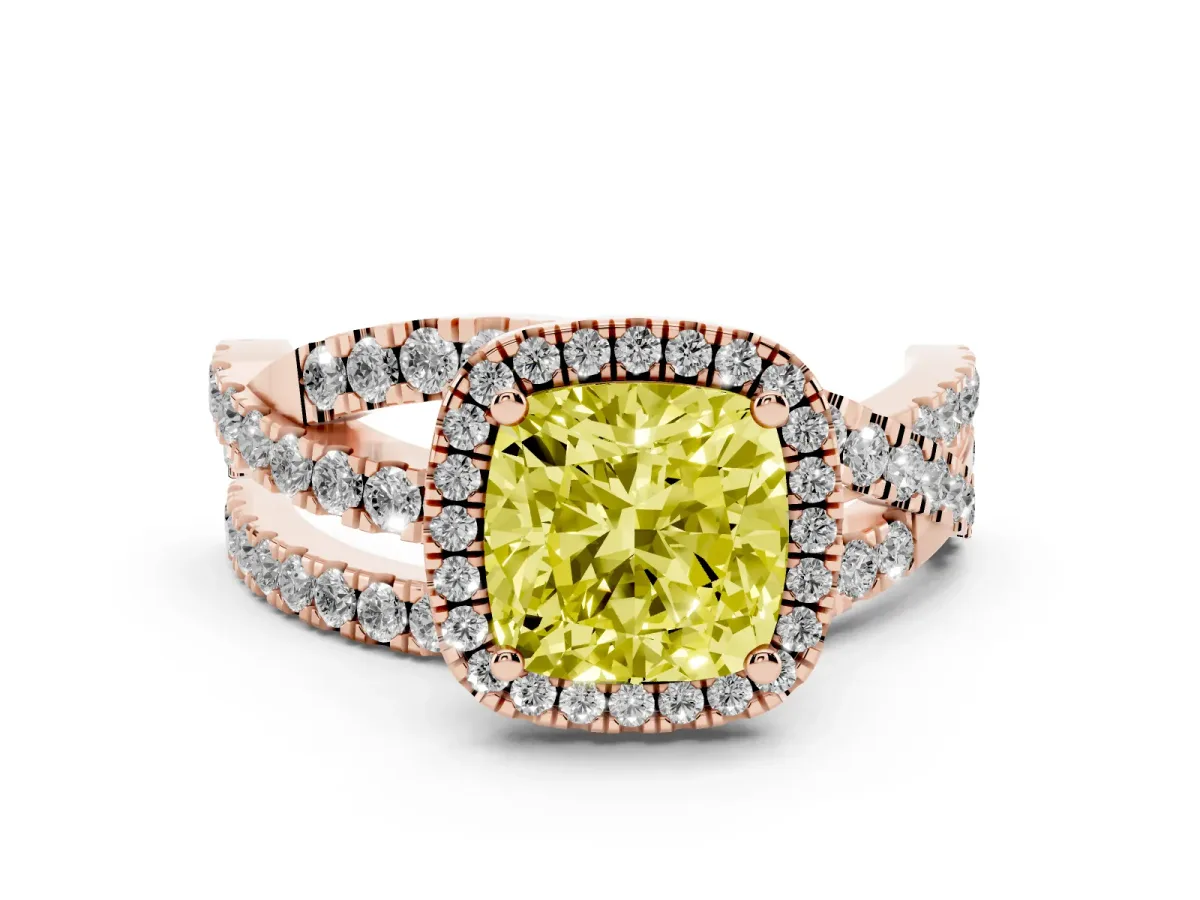 Fancy Yellow Cushion Cut Diamond Halo Ring with Round Split Shank and Prong Setting Rose gold